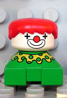 Duplo 2 x 2 x 2 Figure Brick, Clown, Green Base, Yellow Collar with Green Dots, White Head, Red Hair