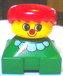 Duplo 2 x 2 x 2 Figure Brick, Clown, Green Base with White Collar, Yellow Head with Red Nose, Red Hair
