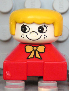 Duplo 2 x 2 x 2 Figure Brick, Red Base with Yellow Bow, White Head with Eyelashes and Freckles, Yellow Hair