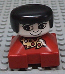 Duplo 2 x 2 x 2 Figure Brick, Red Base With Yellow and Red Polka Dot Scarf, White Face with Eyelashes, Black Female Hair