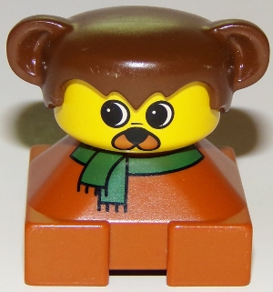 Duplo 2 x 2 x 2 Figure Brick, Dog, Dark Orange Base with Green Scarf, Brown Hair with Ears, Yellow Dog Face