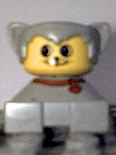 Duplo 2 x 2 x 2 Figure Brick, Cat, Light Gray Base With Red Collar, Light Gray Hair With Ears, Yellow Face with Round Eyes and 2 Whiskers
