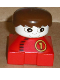 Duplo 2 x 2 x 2 Figure Brick, Red Base with Number 1 Race Pattern, White Head, Brown Male Hair