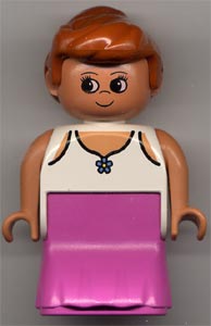 Duplo Figure, Female Lady, Dark Pink Dress, Lace Lined Tank Top with Blue Flower