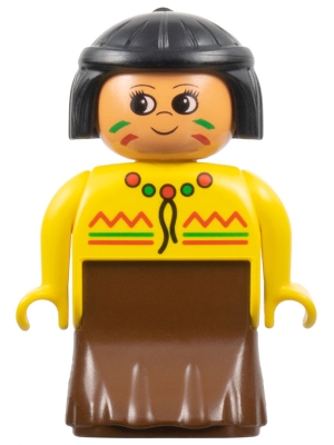 Duplo Figure, Female Lady, Brown Dress, Yellow Top, Black Hair (American Indian)