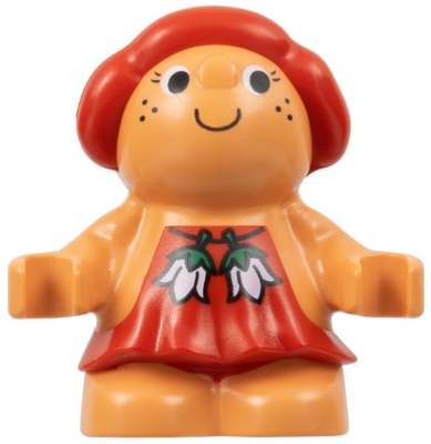 Duplo Figure Little Forest Friends, Female, Red Hair, Red Dress with Two White Flowers Across (Sugar Strawberry)