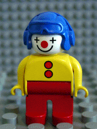 Duplo Figure, Male Clown, Red Legs, Yellow Top with 2 Buttons, Yellow Arms, Blue Aviator Helmet