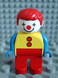Duplo Figure, Male Clown, Red Legs, Yellow Top with 2 Buttons, Blue Arms, Red Hair Straight
