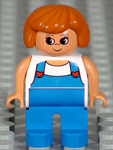 Duplo Figure, Female, Blue Legs, White Top with Blue Overalls with Red Hearts