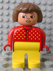 Duplo Figure, Female, Yellow Legs, Red Sweater with Yellow V Stitching, Brown Hair, Turned Down Nose
