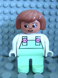 Duplo Figure, Female, Light Green Legs, White Top with Light Green Overalls with Pink Buttons, Fabuland Brown Hair
