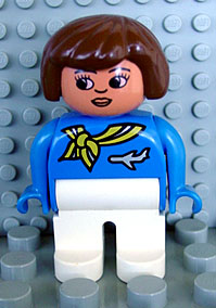 Duplo Figure, Female, White Legs, Blue Top with Scarf and Jet Airplane, Brown Hair, Turned Down Nose (Flight Attendant)