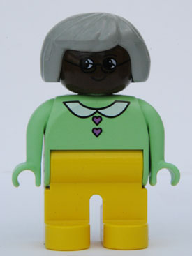 Duplo Figure, Female, Yellow Legs, Light Green Top with Heart Buttons, Gray Hair, Brown Head