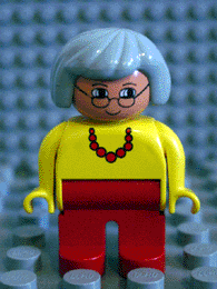 Duplo Figure, Female, Red Legs, Yellow Top with Red Necklace, Gray Hair, Glasses