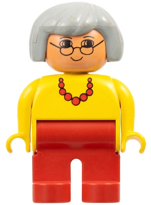 Duplo Figure, Female, Red Legs, Yellow Top with Red Necklace, Gray Hair, Glasses, no White in Eyes Pattern
