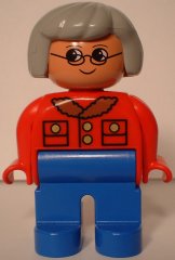 Duplo Figure, Female, Blue Legs, Red Jacket, Light Gray Hair, Glasses