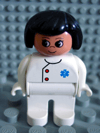 Duplo Figure, Female Medic, White Legs, White Top with EMT Star of Life Pattern, Black Hair