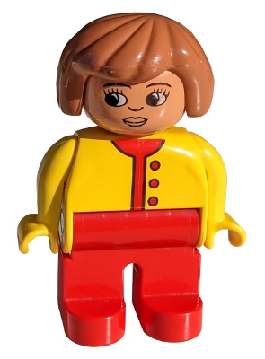 Duplo Figure, Female, Red Legs, Yellow Top Unbuttoned with Red Buttons, Fabuland Brown Hair