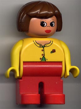 Duplo Figure, Female, Red Legs, Yellow Blouse with Red Buttons, Brown Hair