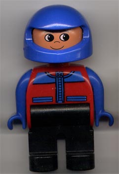 Duplo Figure, Male, Black Legs, Red and Blue Zippered Jacket, Blue Racing Helmet