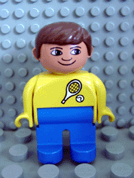 Duplo Figure, Male, Blue Legs, Yellow Top with Tennis Racket and Ball Pattern, Brown Hair