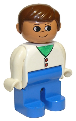 Duplo Figure, Male, Blue Legs, White Two Button Cardigan, Brown Hair