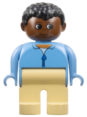 Duplo Figure, Male, Tan Legs, Blue Zippered Jacket, Black Curly Hair, Brown Head