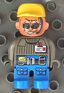 Duplo Figure, Male Action Wheeler, Blue Legs, Dark Gray Top with ID Badge with Belt, Yellow Cap, Sunglasses