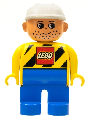 Duplo Figure, Male, Blue Legs, Yellow Top with Black Stripes and Lego Logo, Construction Hat White