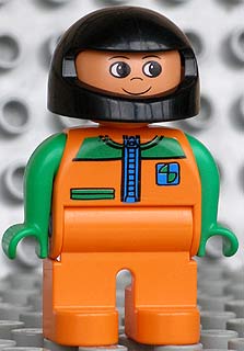 Duplo Figure, Male, Orange Legs, Orange Top with Racer Zipper, Green Arms, Black Helmet
