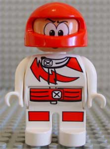 Duplo Figure, Male Action Wheeler, White Legs, White Top with Racer Red Lightning Bolt and Lines, Red Helmet with Large Eyes