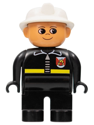 Duplo Figure, Male Fireman, Black Legs, Black Top with Fire Logo and Zipper, White Fire Helmet