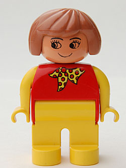 Duplo Figure, Female, Yellow Legs, Red Top with Yellow and Red Polka Dot Scarf, Yellow Arms, Fabuland Brown Hair, without Nose