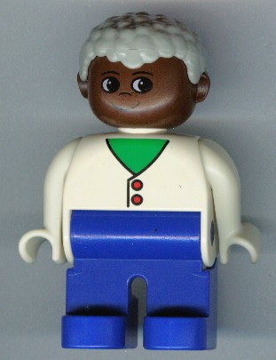 Duplo Figure, Male, Blue Legs, White Two Button Cardigan, Gray Hair, Brown Head