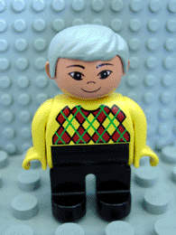 Duplo Figure, Male, Black Legs, Yellow Argyle Sweater, Gray Hair, Asian Eyes