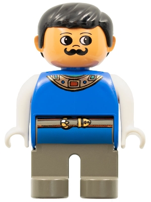 Duplo Figure, Male, Dark Gray Legs, Blue Top with Gold Necklace and Belt, Moustache (King)