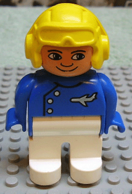 Duplo Figure, Male, White Legs, Blue Top with Plane Logo, Yellow Aviator Helmet, (Pilot)