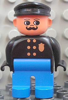 Duplo Figure, Male Police, Blue Legs, Black Top with Gold Badge, Black Hat, Turned Up Nose and Round Eyes