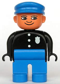 Duplo Figure, Male Police, Blue Legs, Black Top with 3 Buttons and Badge, Blue Hat