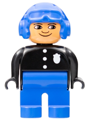 Duplo Figure, Male Police, Blue Legs, Black Top with 3 Buttons and Badge, Blue Aviator Helmet and Nose Bow Line Up