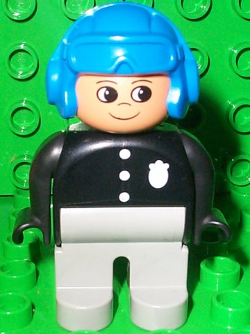 Duplo Figure, Male Police, Light Gray Legs, Black Top with 3 Buttons and Badge, Blue Aviator Helmet