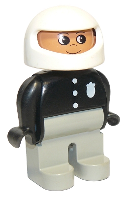 Duplo Figure, Male Police, Light Gray Legs, Black Top with 3 Buttons and Badge, White Racing Helmet
