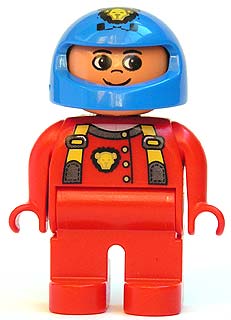 Duplo Figure, Male, Red Legs, Red Top with Cat Eye Racer Logo, Blue Helmet