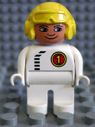 Duplo Figure, Male, White Legs, White Top with Black Zipper and Racer #1, Yellow Aviator Helmet