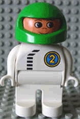 Duplo Figure, Male, White Legs, White Top with Black Zipper and Racer #2, Green Helmet