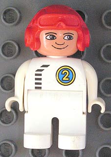 Duplo Figure, Male, White Legs, White Top with Black Zipper and Racer #2, Red Aviator Helmet
