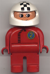 Duplo Figure, Male, Red Legs, Red Top with Black Zipper and Racer #2, White Helmet with Checkered Stripe
