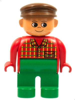 Duplo Figure, Male, Green Legs, Red Top Plaid, Brown Cap