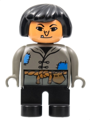 Duplo Figure, Female, Black Legs, Dark Gray Top with Blue Patches, Black Hair, Wart on Nose, Tooth