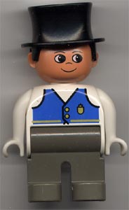 Duplo Figure, Male, Dark Gray Legs, White Top with Blue Vest with Pocket and Two Buttons, Black Top Hat